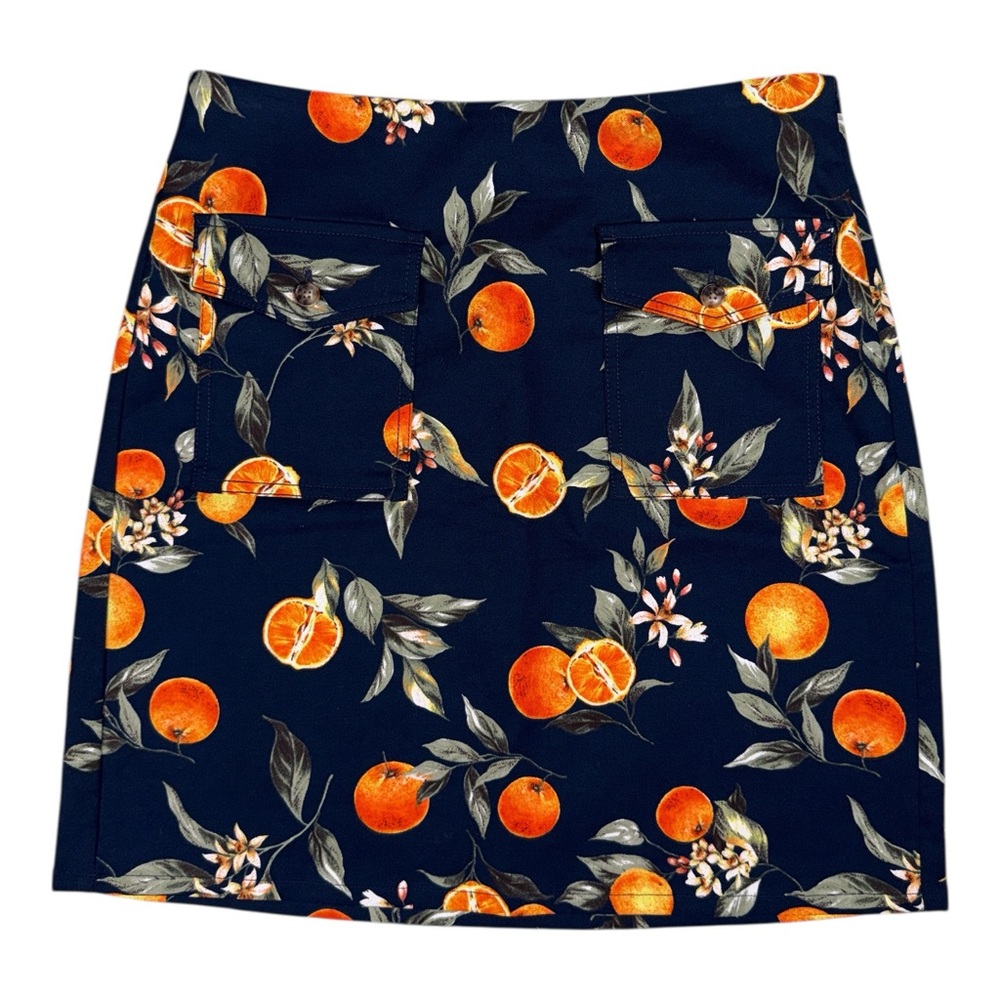 LOFT Navy Blue Orange Citrus Fruit Print Mini Skirt Size 4 Button Pockets EUC